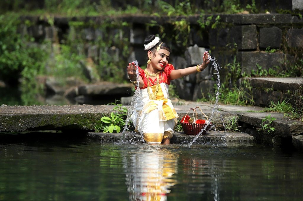 girl, river, indian, play, splash, water, traditional dress, nature, kerala dress, child, kid, young, happy, traditional, kerala